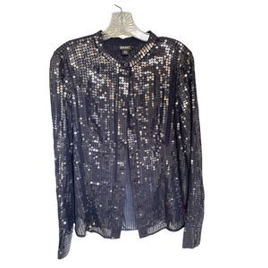 DKNY Sequin Long Sleeve Sheer Silk Blend Blouse Blue Size S